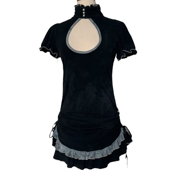 RARE Indie Vintage Cutout Ruffle Mini Dress Y2K Coquette Cottagecore Goth Sz M - Picture 3 of 13